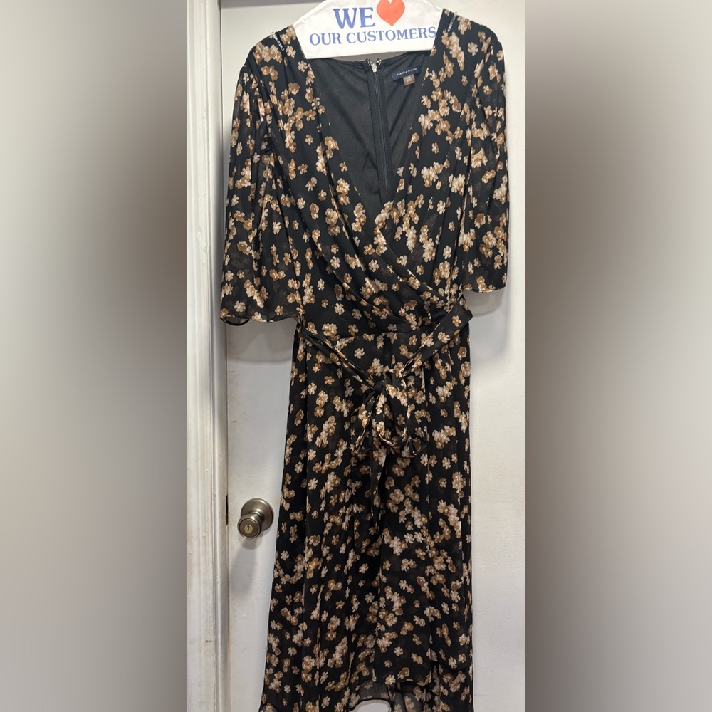 Tommy Hilfiger Black & Beige Floral Wrap Midi Dress - Plus Size 22W